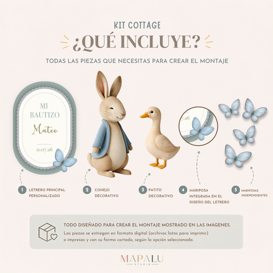 Kit Bautizo Cottage Premium | Letrero + Figuras decorativas