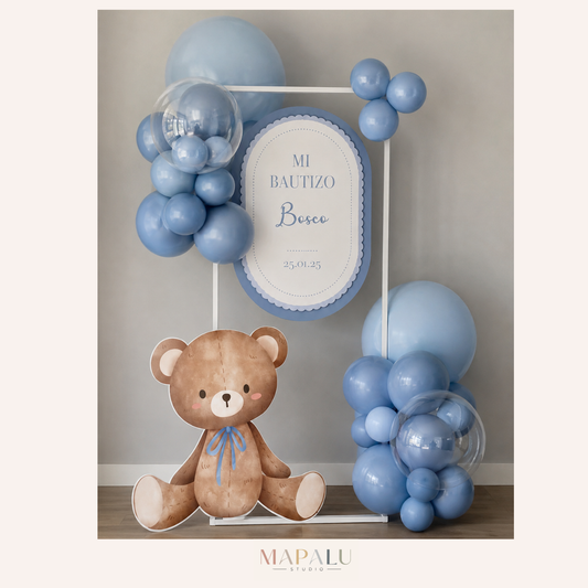 Kit Bautizo Oso Azul | Letrero + Figura decorativa