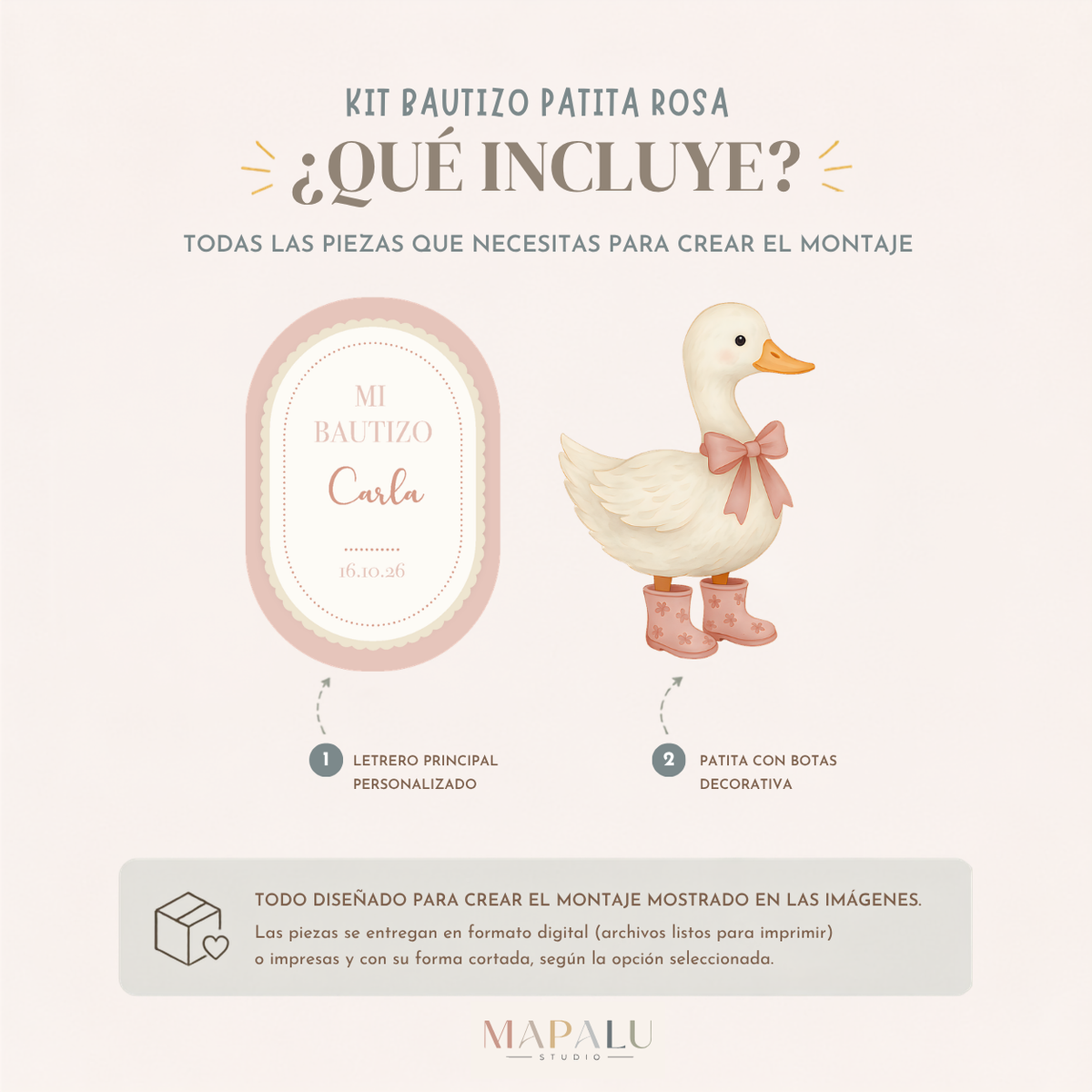 Kit Bautizo Patita Rosa | Letrero + Figura decorativa