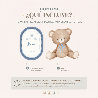 Kit Bautizo Oso Azul | Letrero + Figura decorativa